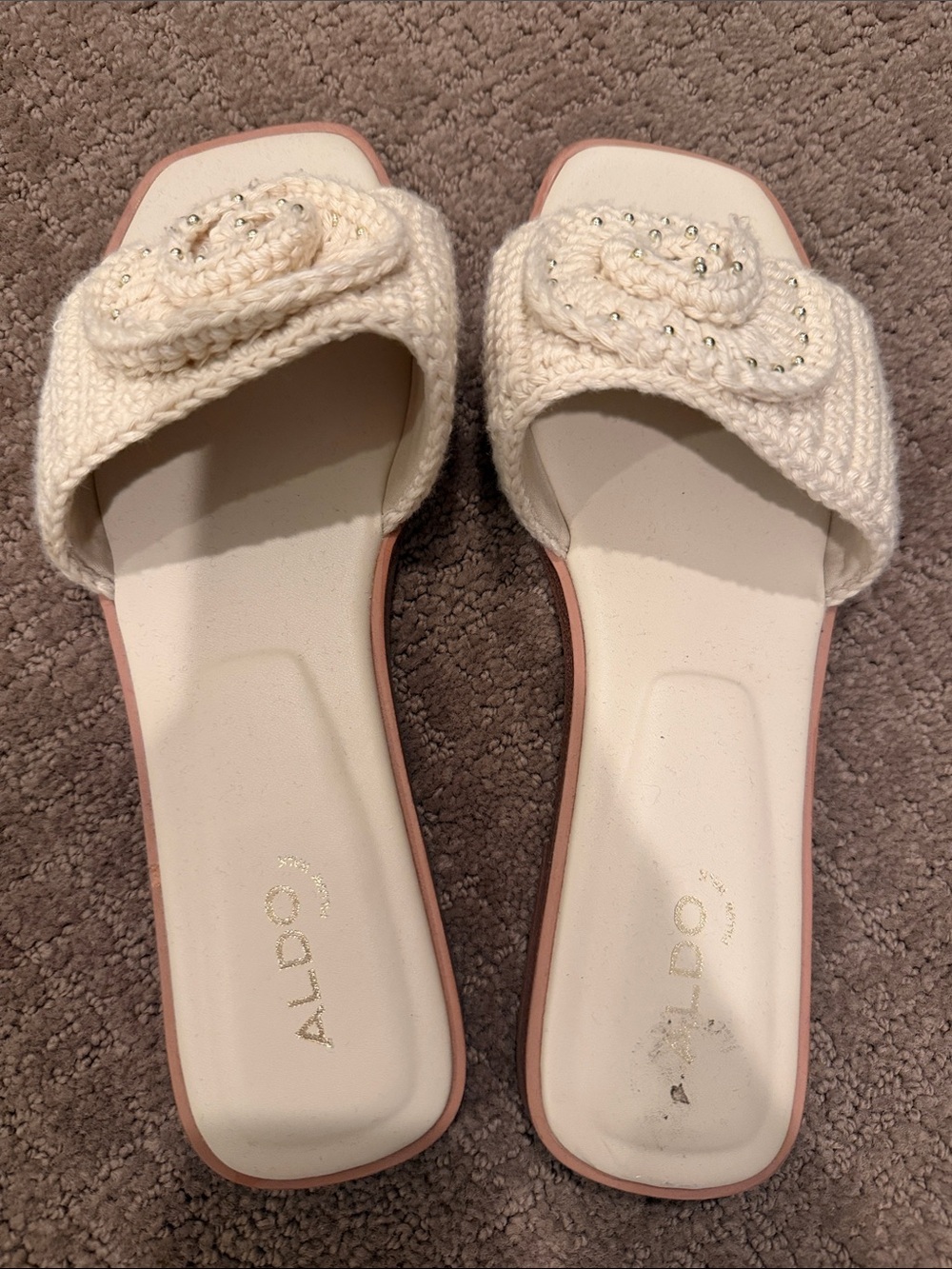 Aldo Cream Knit Slide Sandals with Pink Edge Trim